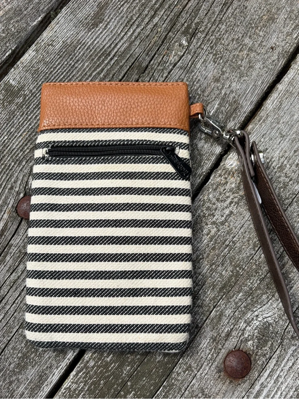 Striped Canvas Wristlet eye glass case Bag with Tan Leather Trim